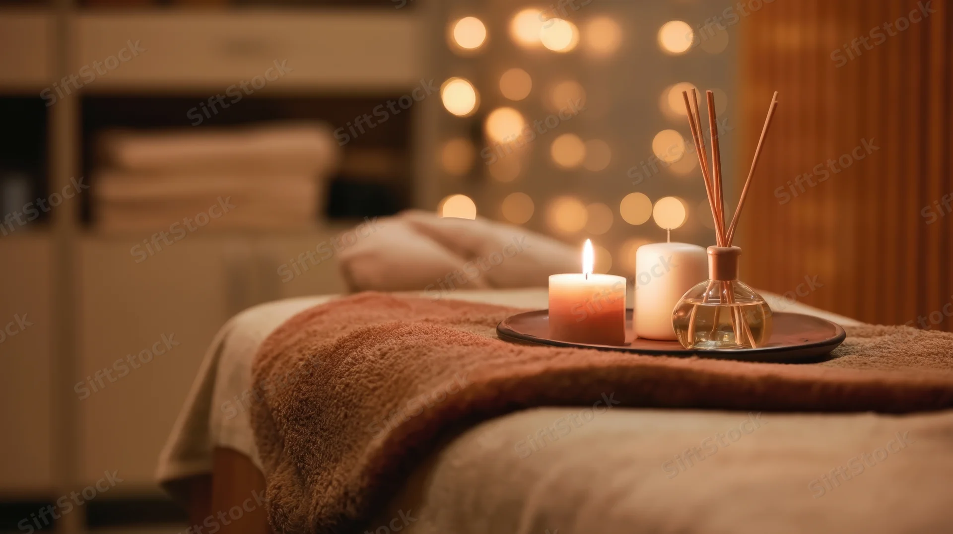 Massage bed with lit candle and reed diffuser on tray, in softly lit spa room