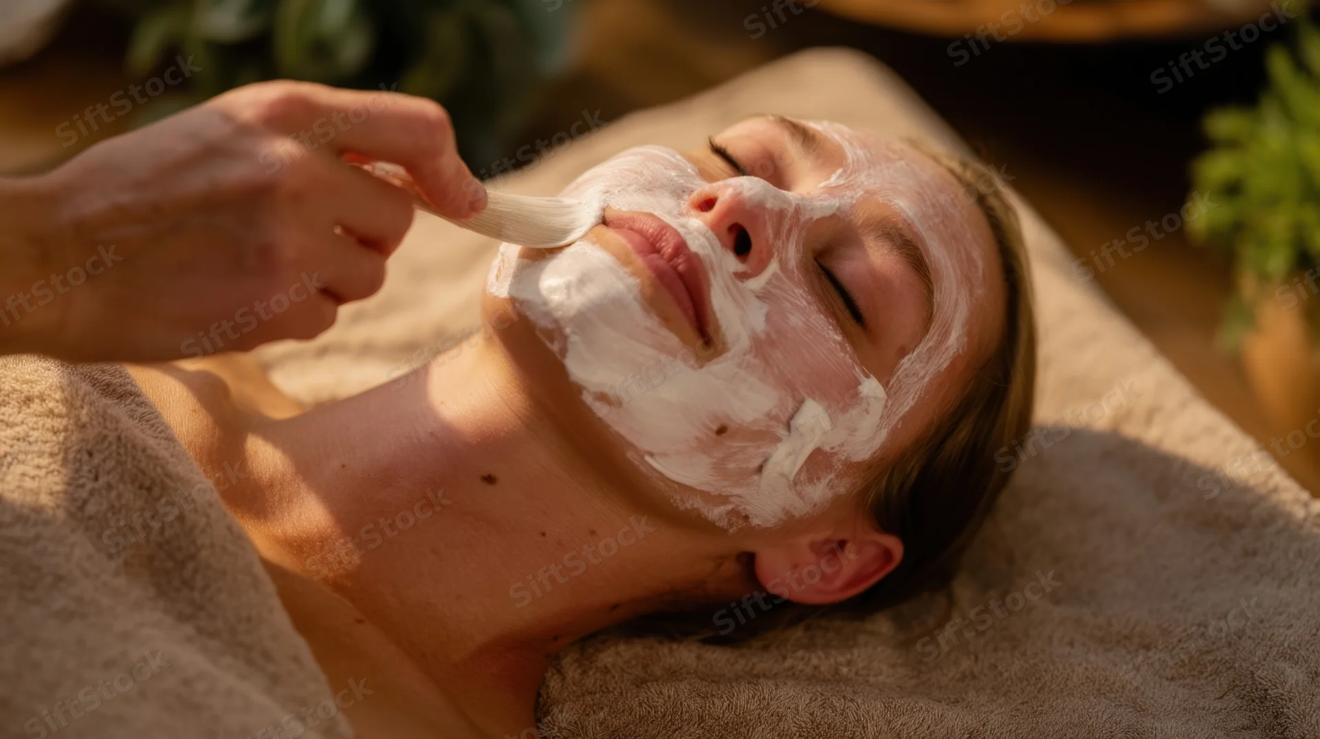 Woman receiving facial mask application at spa