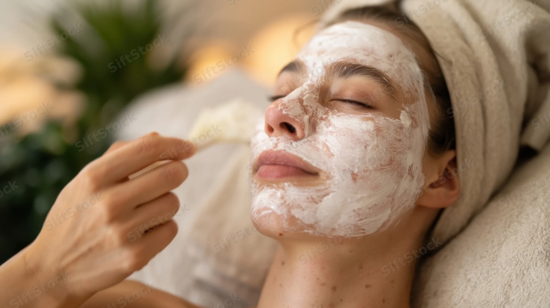 Woman receiving facial mask treatment at spa with towel wrapped around head