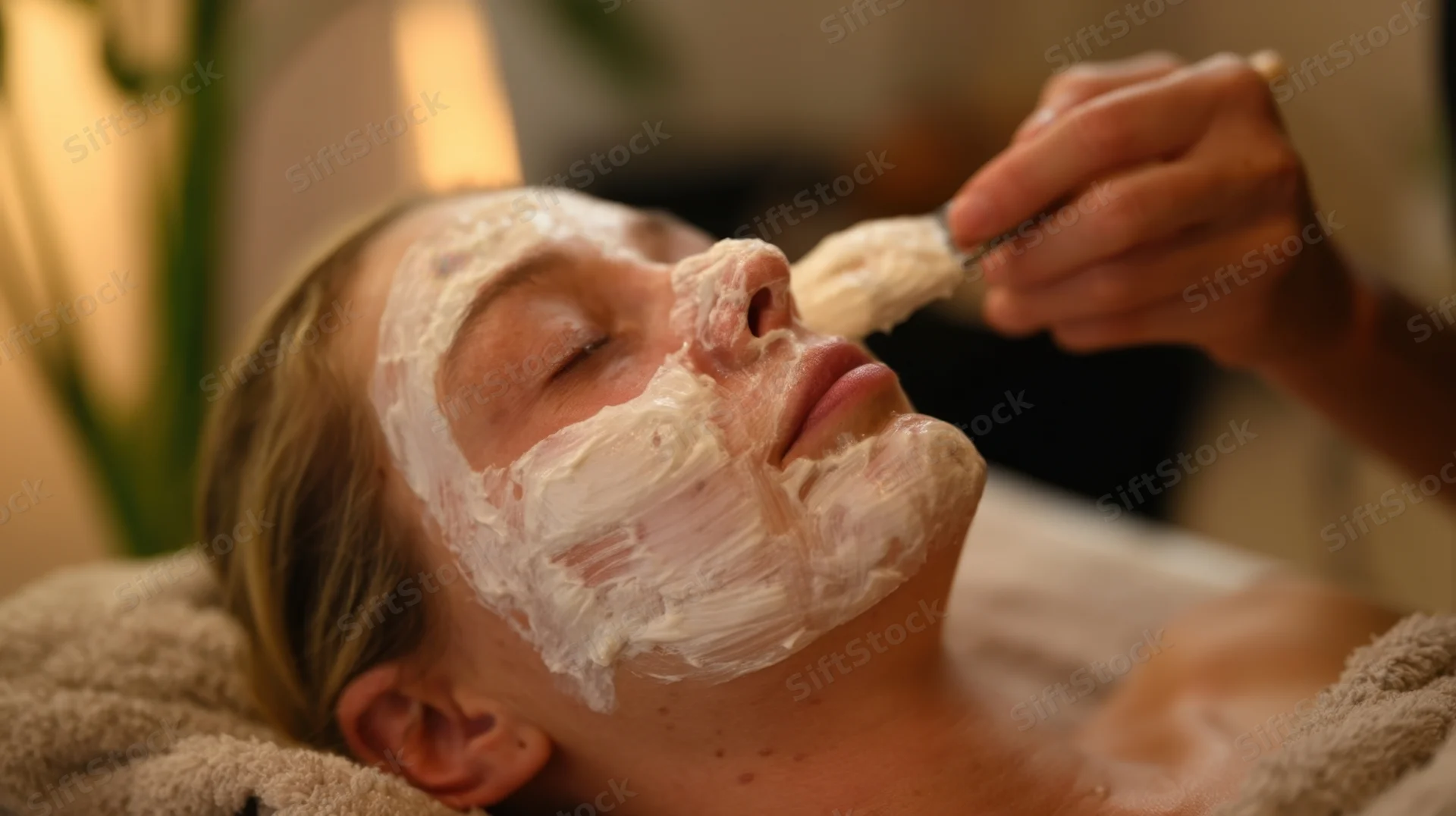 Woman receiving facial mask application at spa