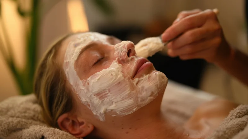 Woman receiving facial mask application at spa