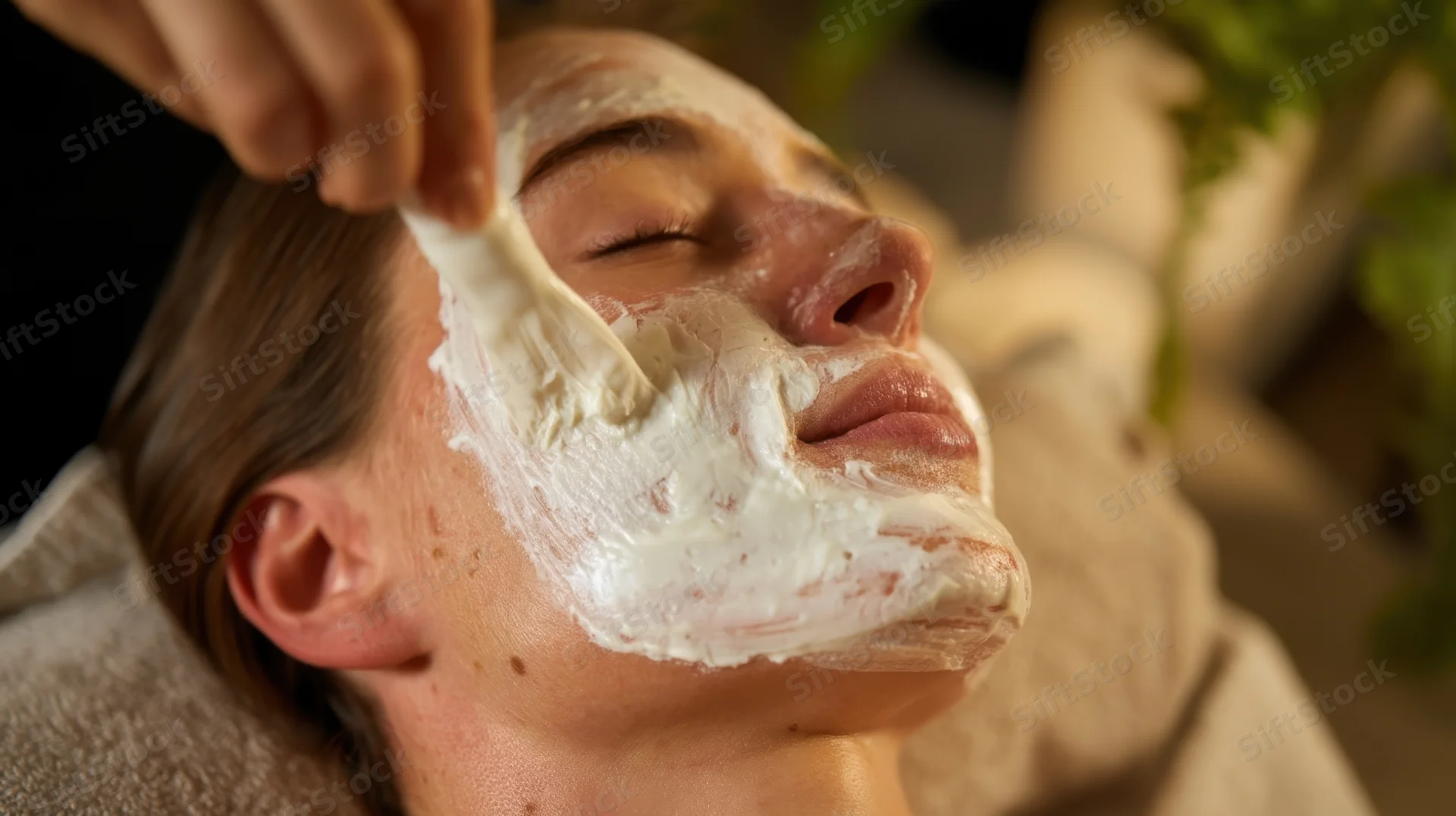 Woman receiving facial cream application in spa setting
