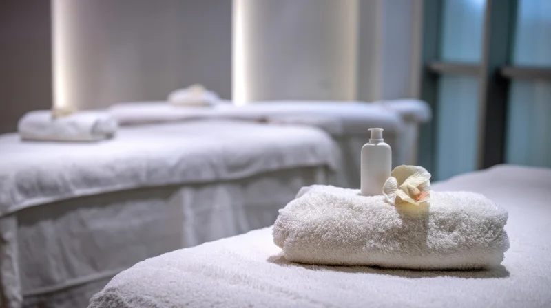 Rolled white towel with bottle and flower on massage table in spa room