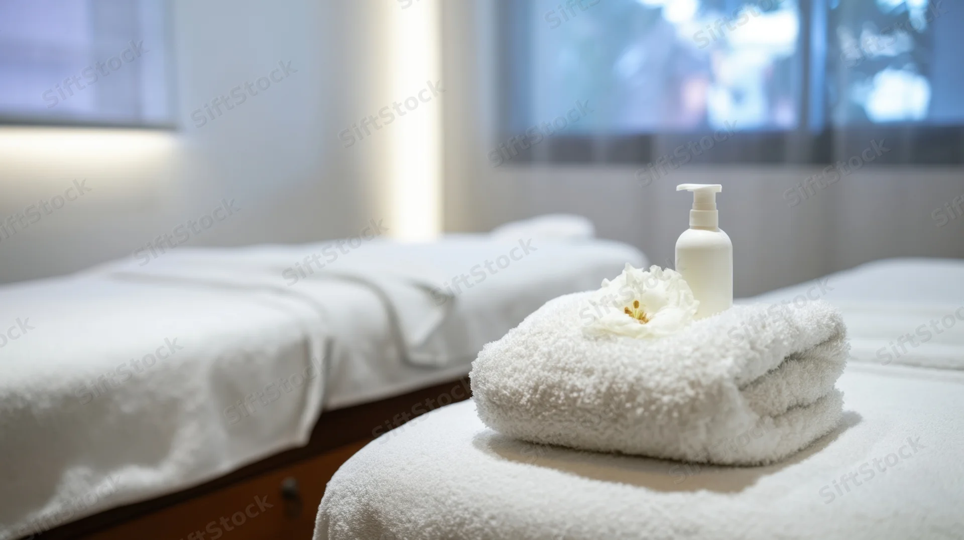 Folded white towels with a flower and lotion bottle on a massage bed in a serene spa room
