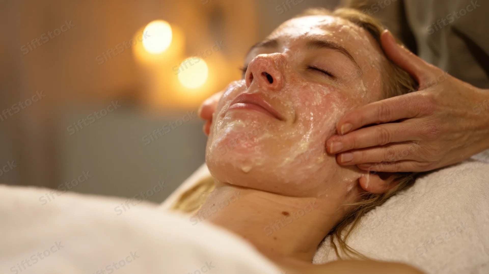 Woman receiving facial treatment with cream applied to her face in a spa setting