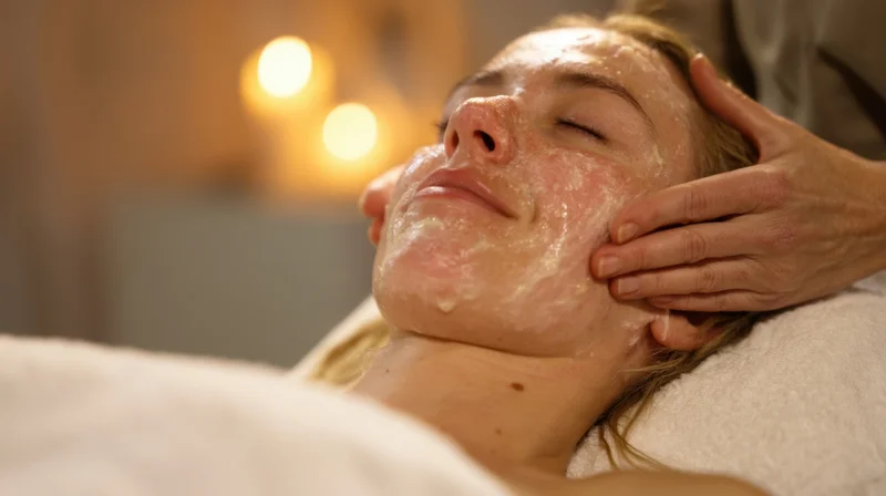Woman receiving facial treatment with cream applied to her face in a spa setting