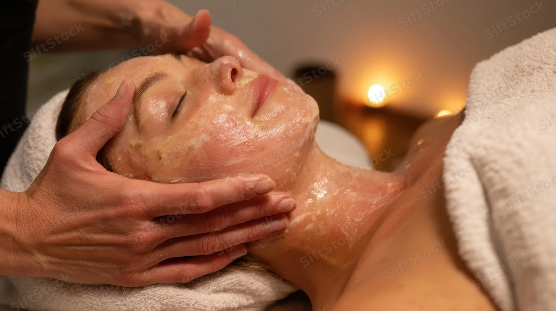 Woman receiving facial massage with cream on her face and neck in a spa setting