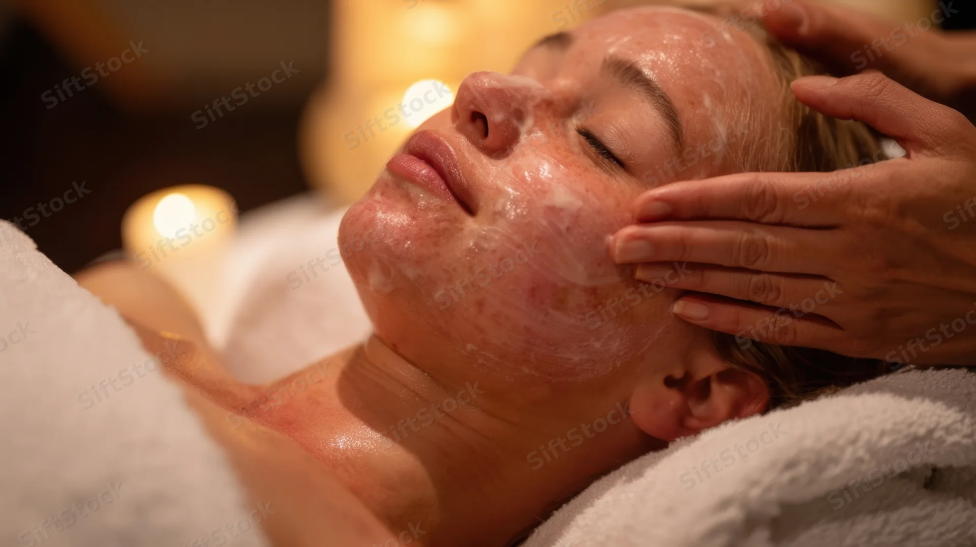 Woman receiving facial massage with cream in spa setting