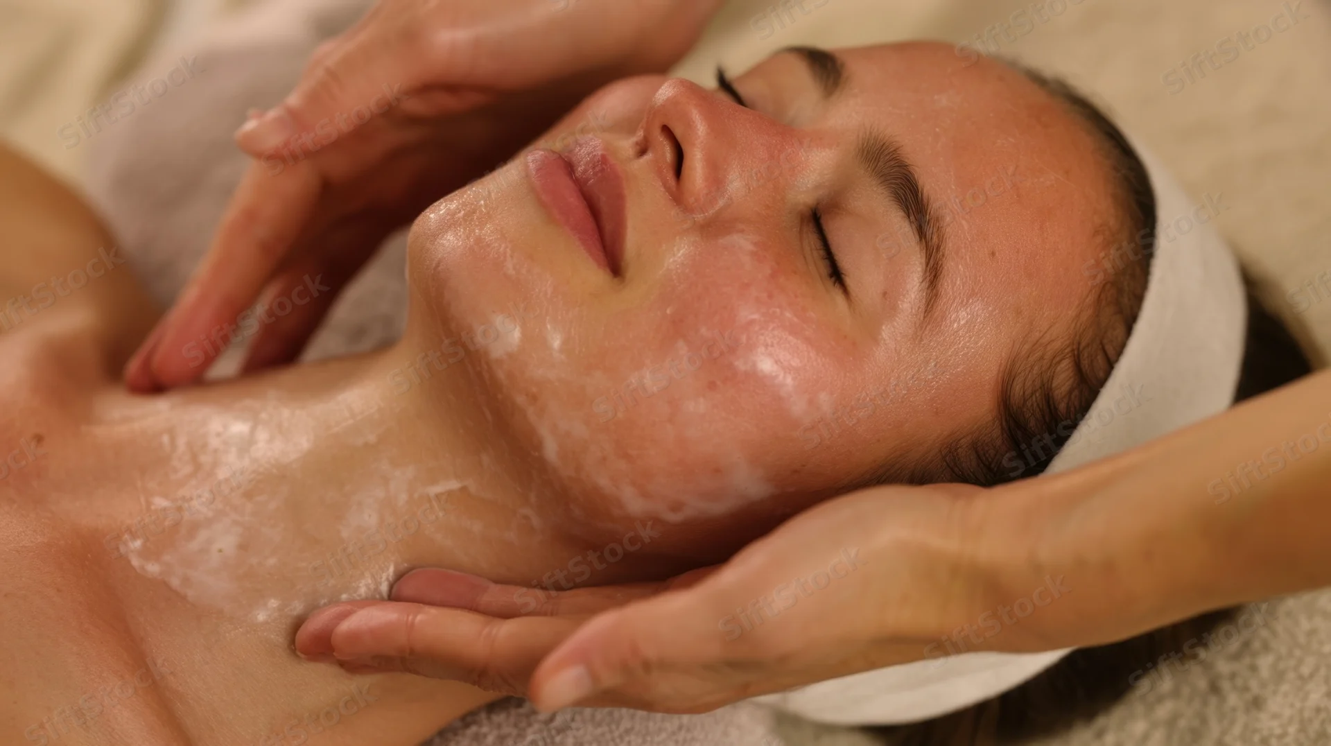 Woman receiving facial massage with cream on face and neck in spa setting