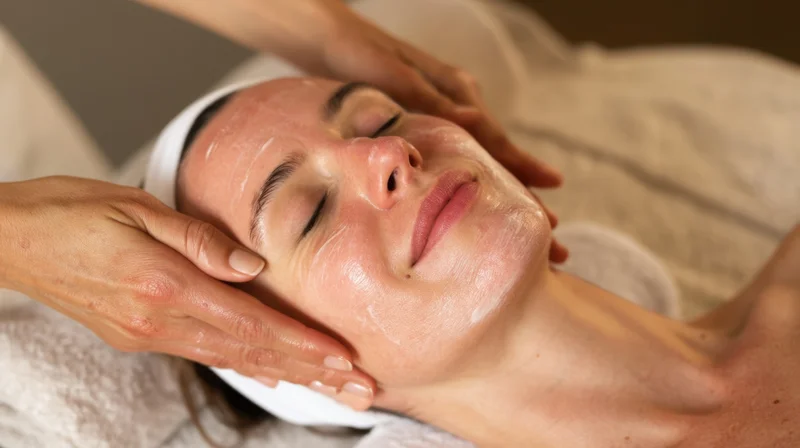 Woman receiving facial massage with cream in spa setting