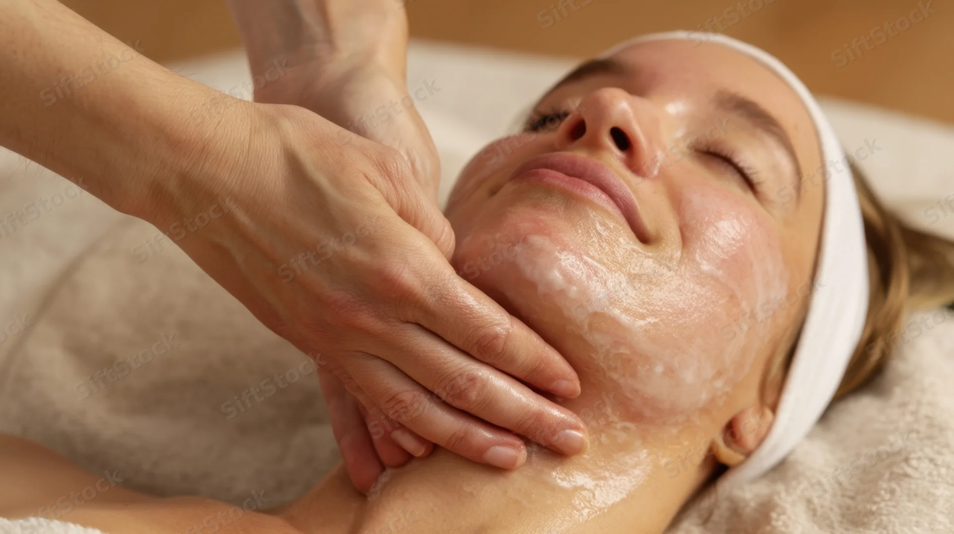 Woman receiving facial massage with foam on her face in a spa setting