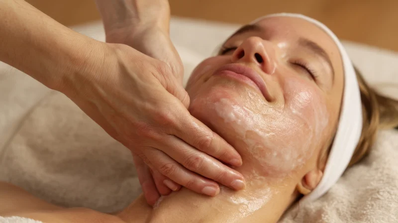 Woman receiving facial massage with foam on her face in a spa setting