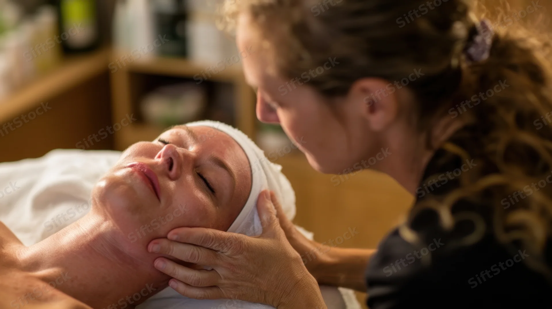 Woman receiving facial massage from therapist in spa treatment room