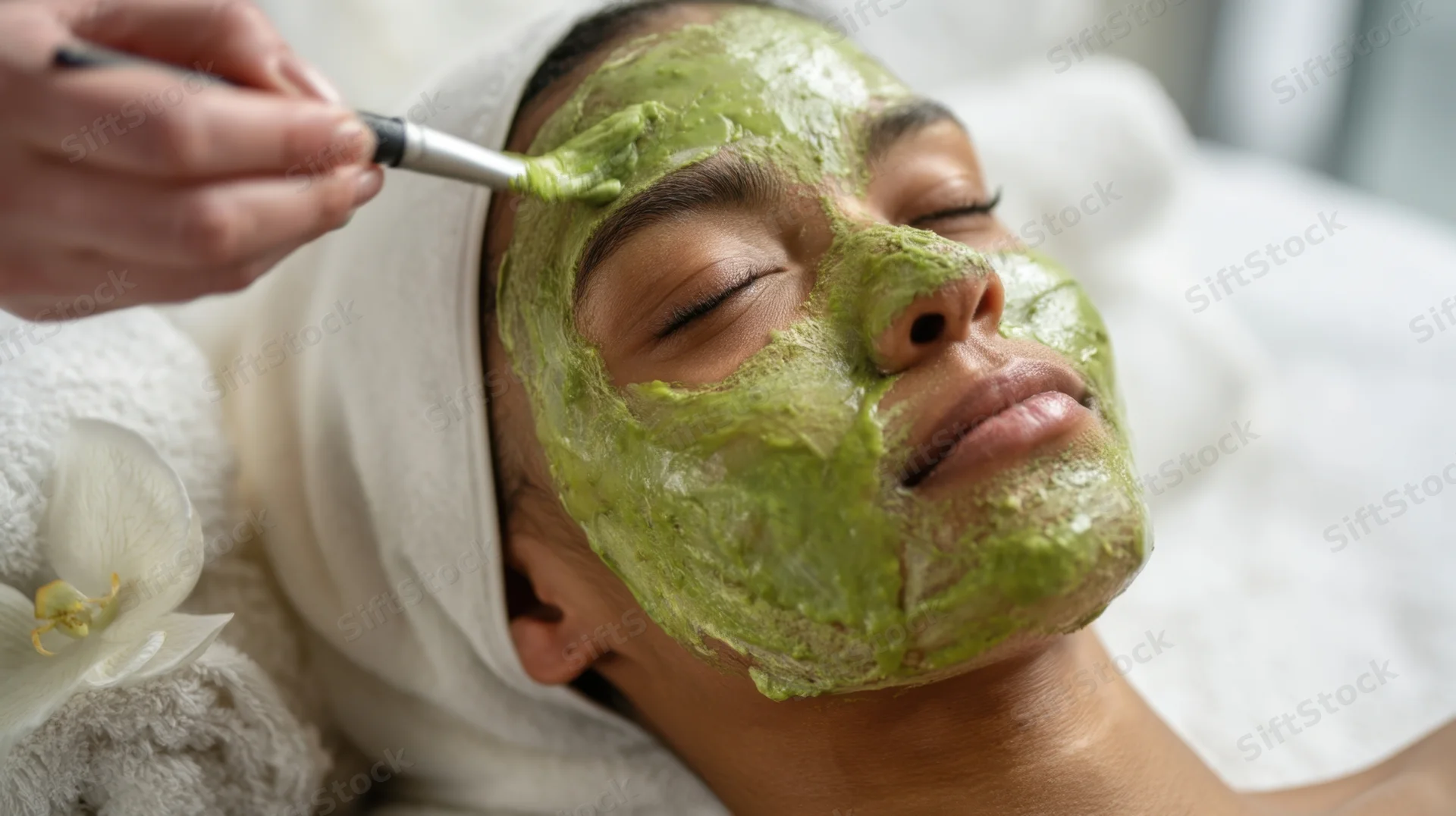 Woman receiving green facial mask application at spa