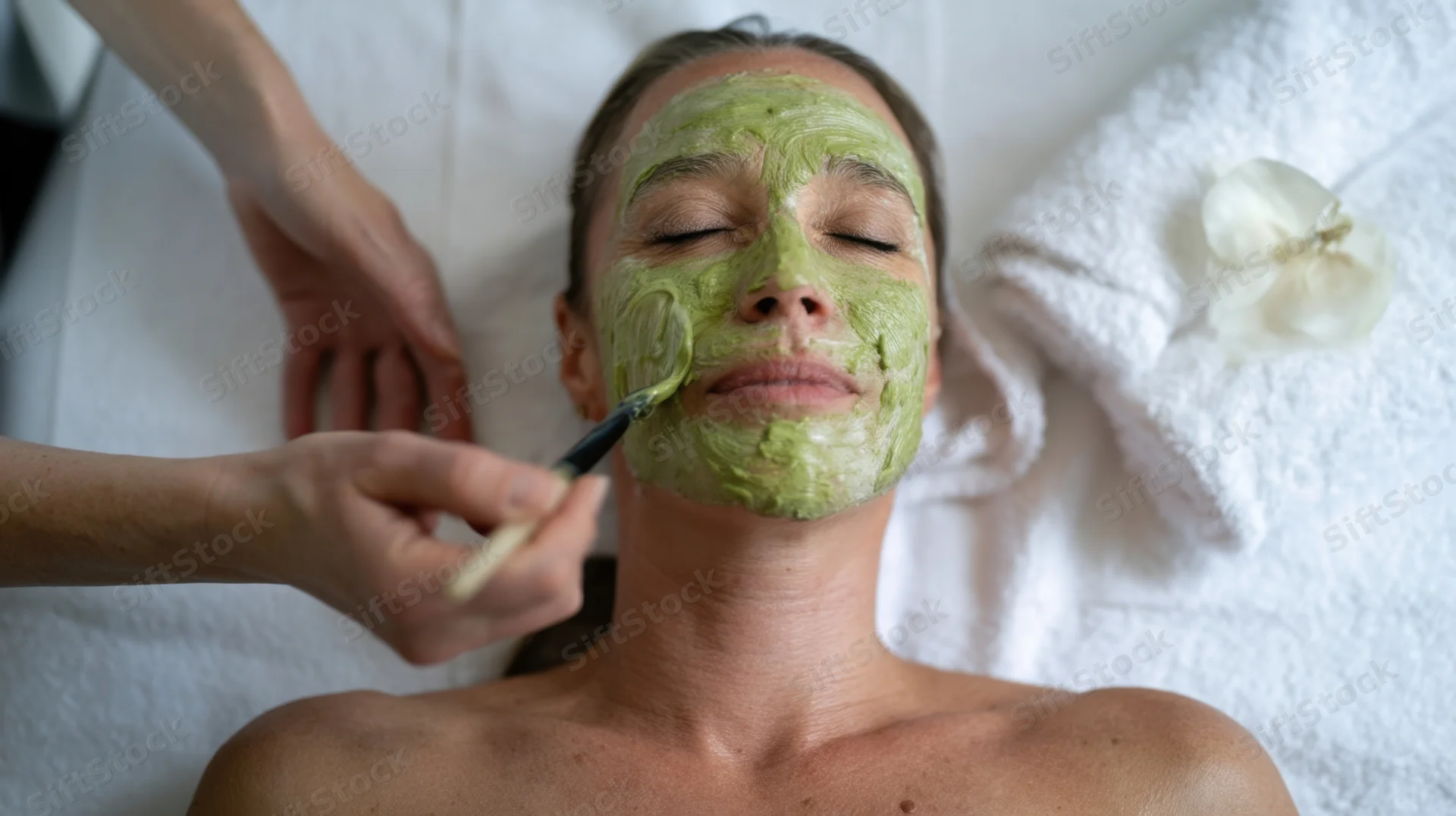 Woman receiving facial mask treatment at spa