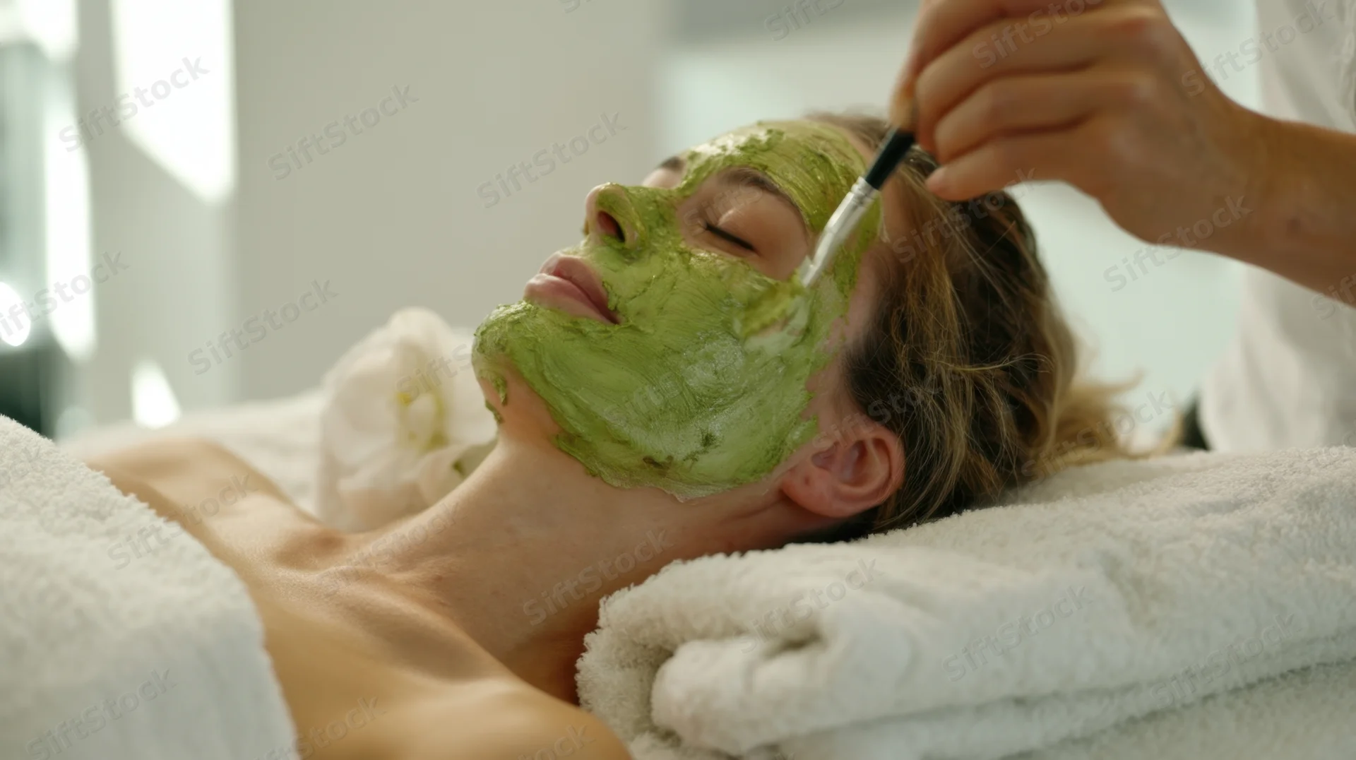 Woman receiving green clay facial mask application in spa setting