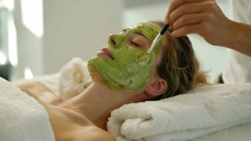 Woman receiving green clay facial mask application in spa setting