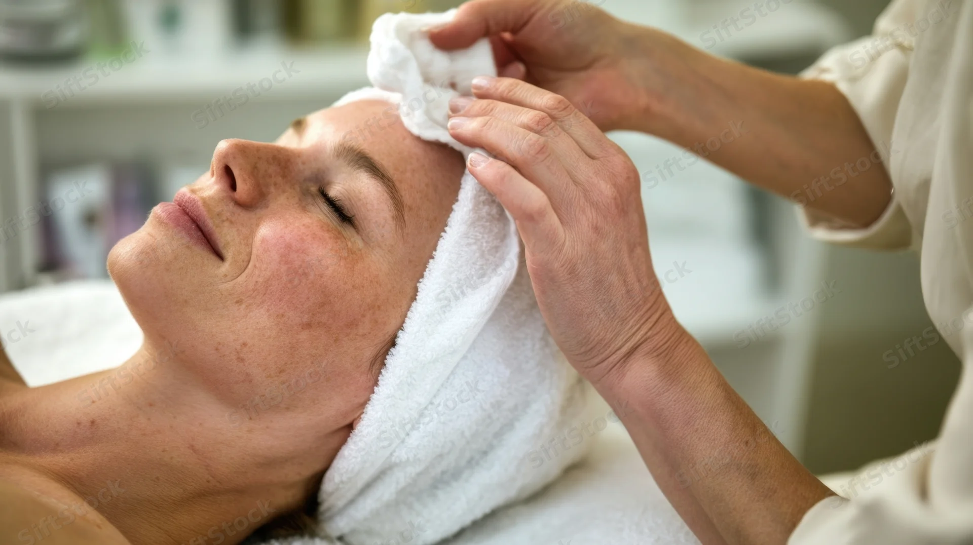 Woman receiving facial treatment with towel on head in spa setting