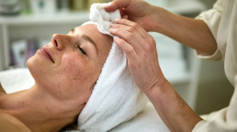 Woman receiving facial treatment with towel on head in spa setting