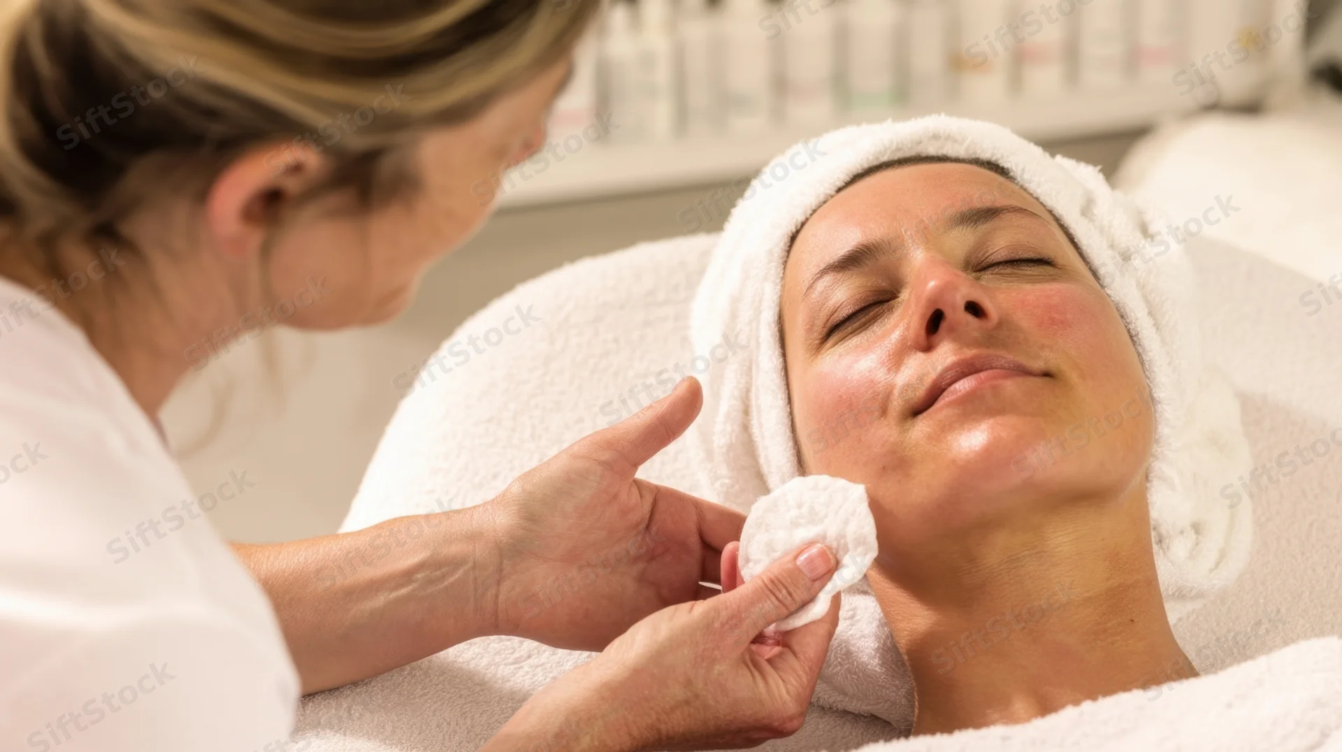 Woman receiving facial treatment with cotton pad in spa setting