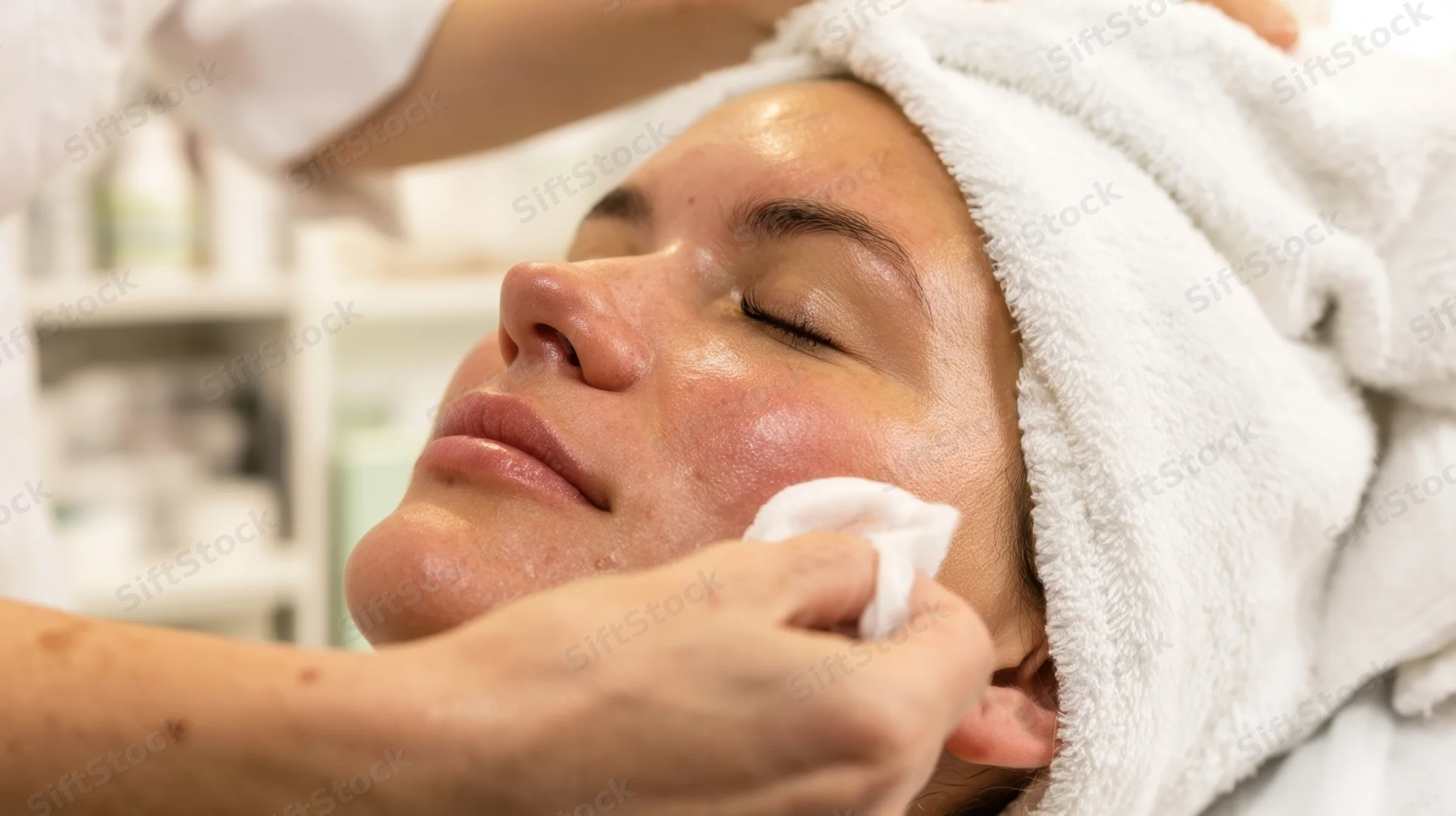 Woman receiving facial cleansing treatment at spa