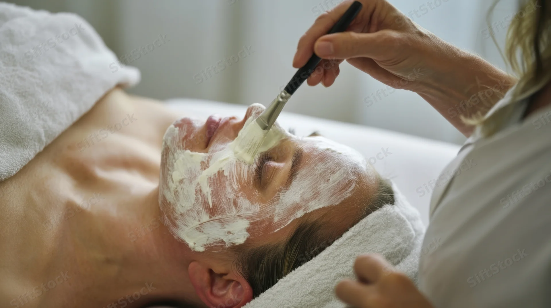Woman receiving facial treatment with cream applied by esthetician in spa setting