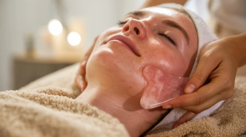 Woman receiving facial massage with quartz stone in spa setting