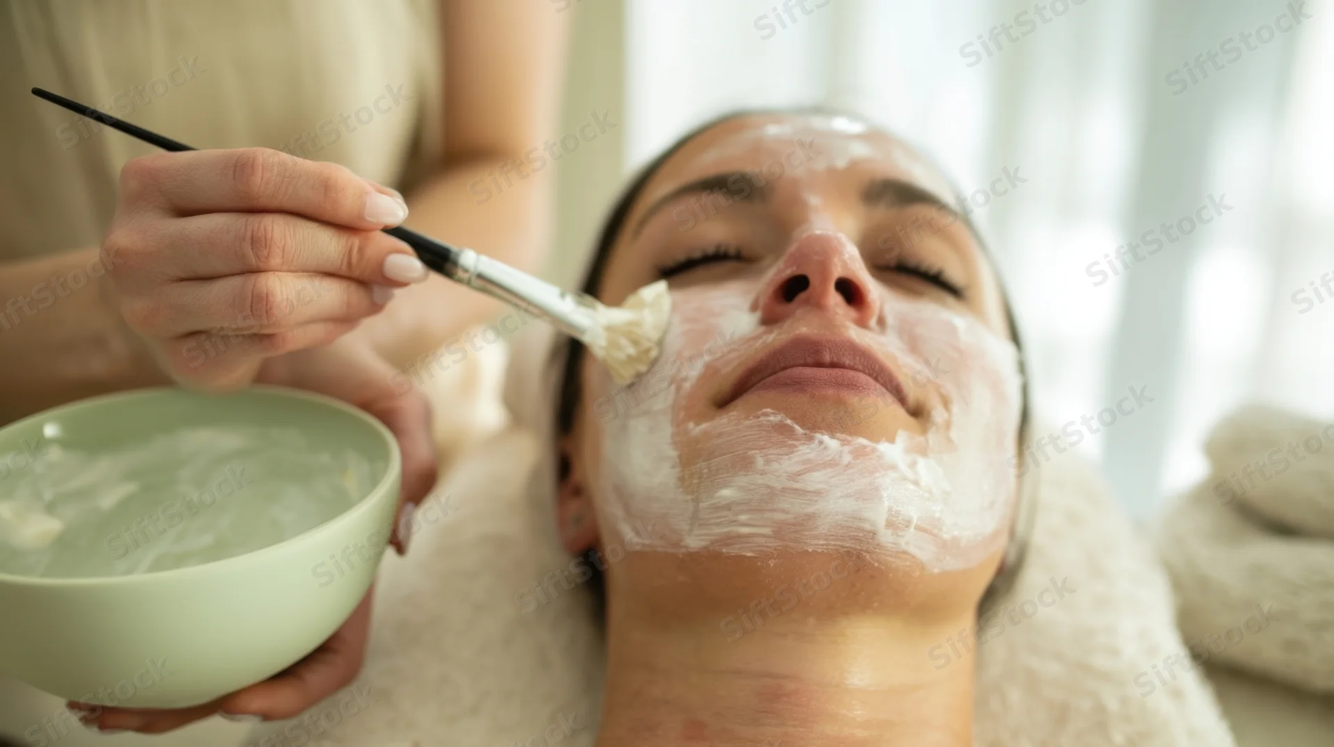Woman receiving facial mask application in spa setting