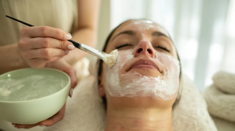 Woman receiving facial mask application in spa setting