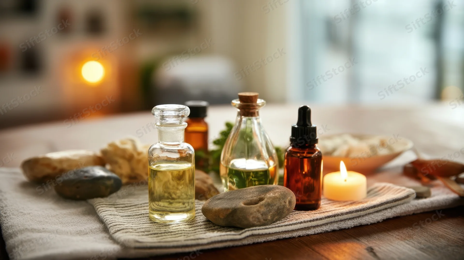 Essential oil bottles and stones arranged on a towel with a lit candle on a wooden table in a spa setting