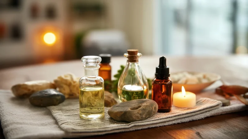 Essential oil bottles and stones arranged on a towel with a lit candle on a wooden table in a spa setting