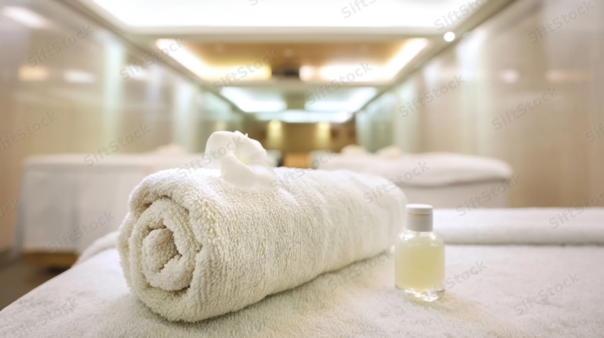 Rolled white towel and small oil bottle on massage table in serene spa interior