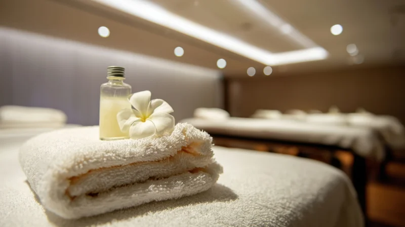 Folded white towel with essential oil bottle and frangipani flower on massage table in spa treatment room