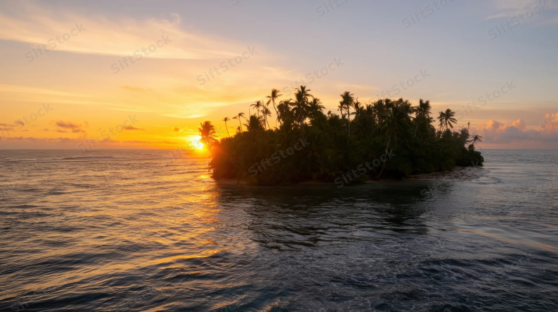 Small tropical island with palm trees at sunset over calm ocean