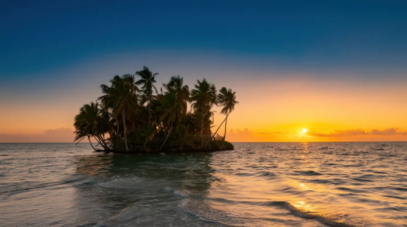 Small tropical island with palm trees at sunset over calm ocean water
