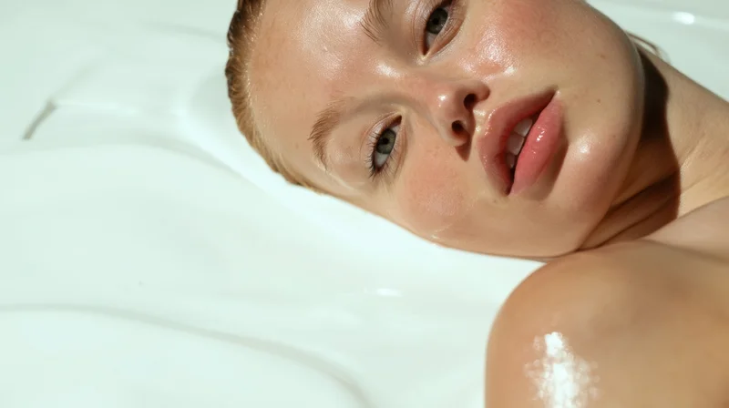 Woman lying in white cream with glowing skin during facial treatment