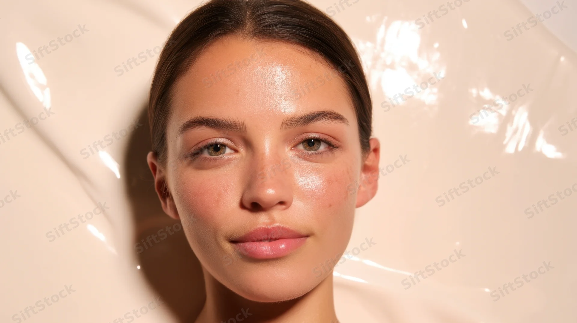 Closeup of a young woman’s face with glowing skin against a creamy liquid background
