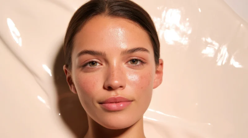 Closeup of a young woman’s face with glowing skin against a creamy liquid background