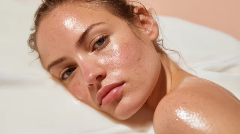 Woman with glowing skin lying on white surface, close-up portrait showing freckles and natural texture