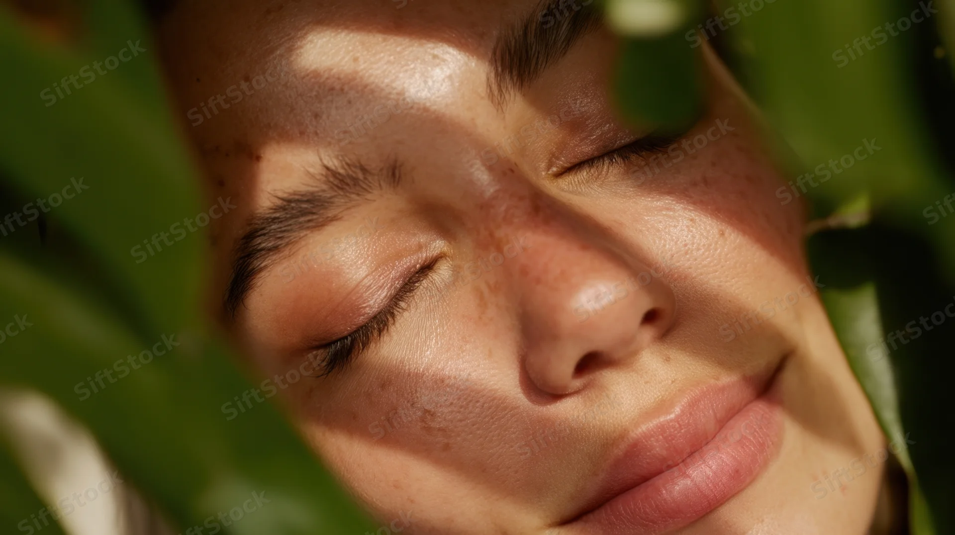 Closeup of a woman’s face with eyes closed, framed by green leaves in sunlight