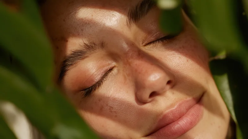 Closeup of a woman’s face with eyes closed, framed by green leaves in sunlight