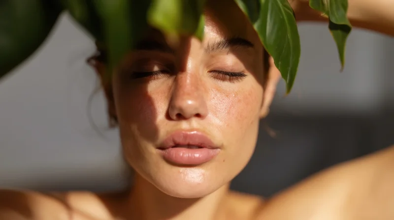 Closeup of a woman with closed eyes and green leaves above her face in natural sunlight
