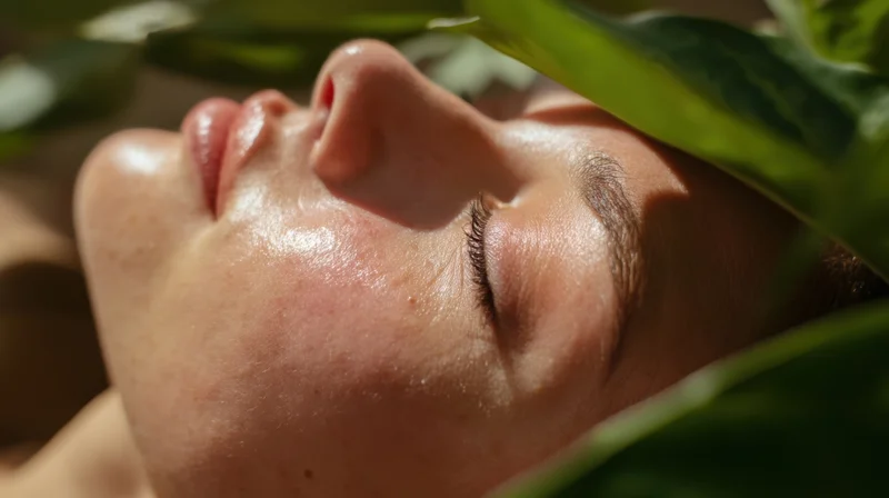 Closeup of a woman’s face with eyes closed, surrounded by green leaves in natural sunlight