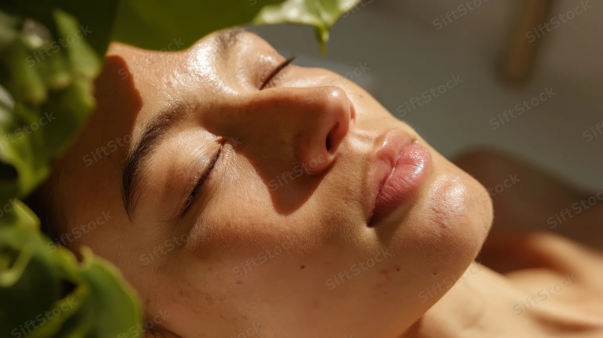 Closeup of a woman's face with eyes closed, resting under green leaves in soft sunlight