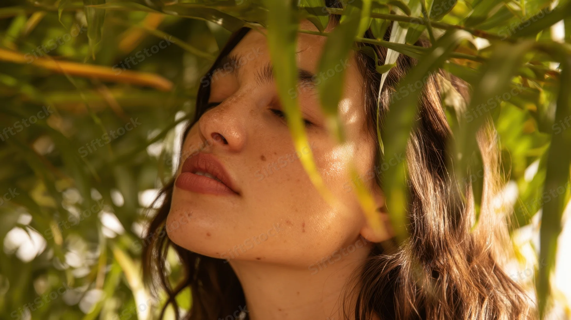 Woman with closed eyes nestled among green foliage in natural sunlight