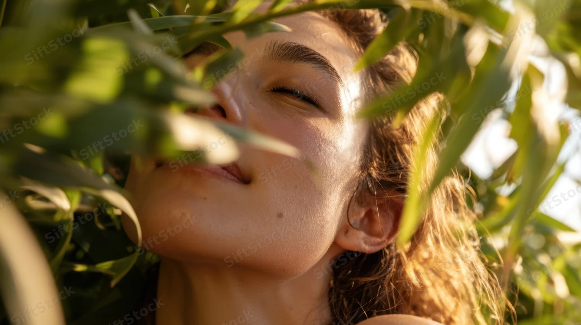 Woman with eyes closed nestled among green foliage in natural sunlight