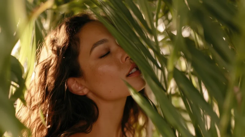 Woman with closed eyes nestled among tropical leaves in natural sunlight