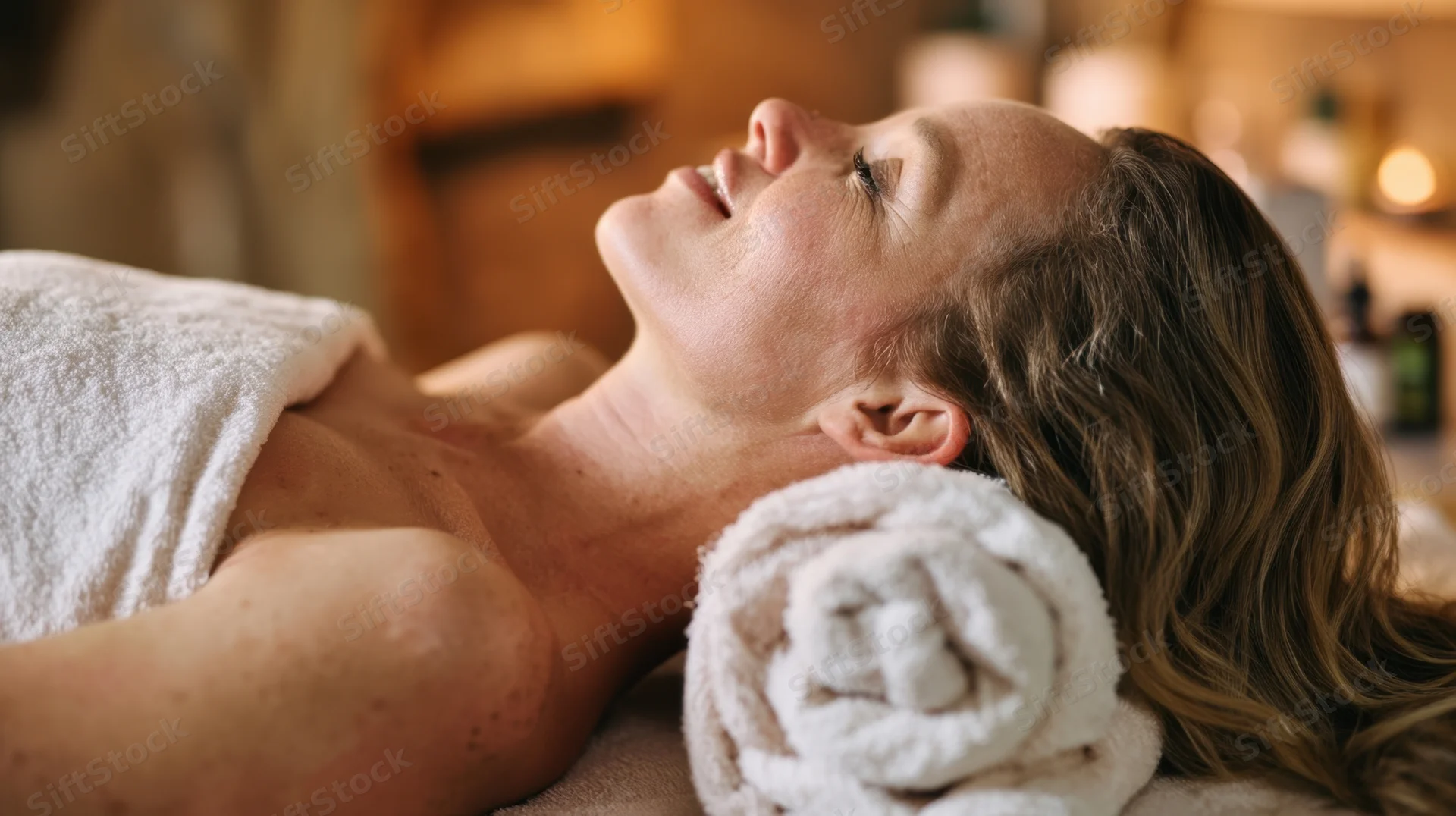 Woman lying on massage table with eyes closed, head resting on rolled towel, in dimly lit spa room