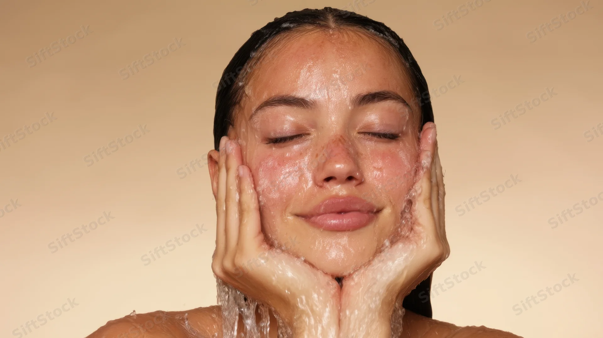 Woman cleansing her face with water and foam, hands cupping cheeks, against beige background