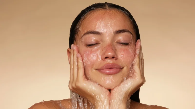 Woman cleansing her face with water and foam, hands cupping cheeks, against beige background